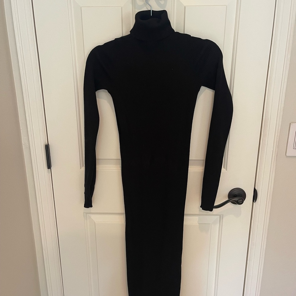 Ribbed Black turtleneck Bodycon Women's Dress - Picture 2 of 6